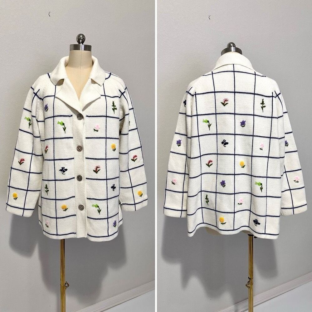 Vtg Lilly of California Embroidered Long Line Cardigan 44/ L Cottage Core Granny